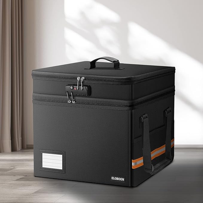 Fireproof Document Box with 13 Pockets Accordian File Organizer, Water-Resistant File Organizer Box with Lock, Collapsible File Storage Cabinet for Hanging Letter/Legal Folder, Black - Image 7