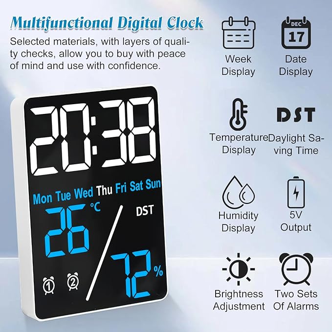 Digital Room Thermometer Hygrometer Alarm Clock, 5.9 inch Desktop Accurate Humidity Temperature Monitor Meter for Indoor Outdoor Kitchen Office Bedroom Livingroom (Battery Not Included) - Image 3