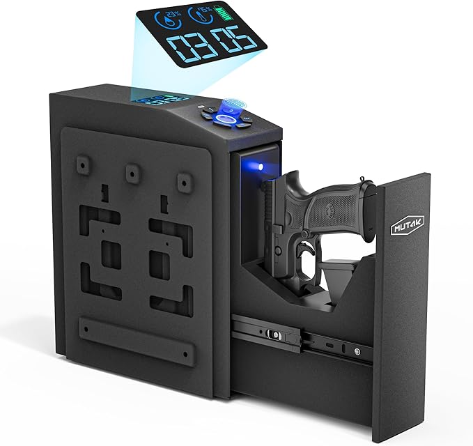 Biometric Gun Safe for Handgun with LCD Screen for Nightstand, Desk, Bed Side,Truck - Auto Sliding Door Hand Gun Safe for Pistol with APP/Fingerprint/PIN Code/KEY by Mutak