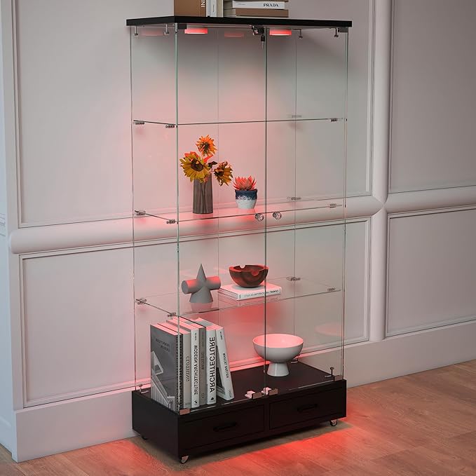 Yoluckea 4 Tier Glass Display Cabinet with LED Lighting and 2 Drawers, 2 Doors Floor Standing Curio Cabinet with Wheel for Home, Office, Corner Display, Black Glass Bookshelf for Collections and Decor - Image 8
