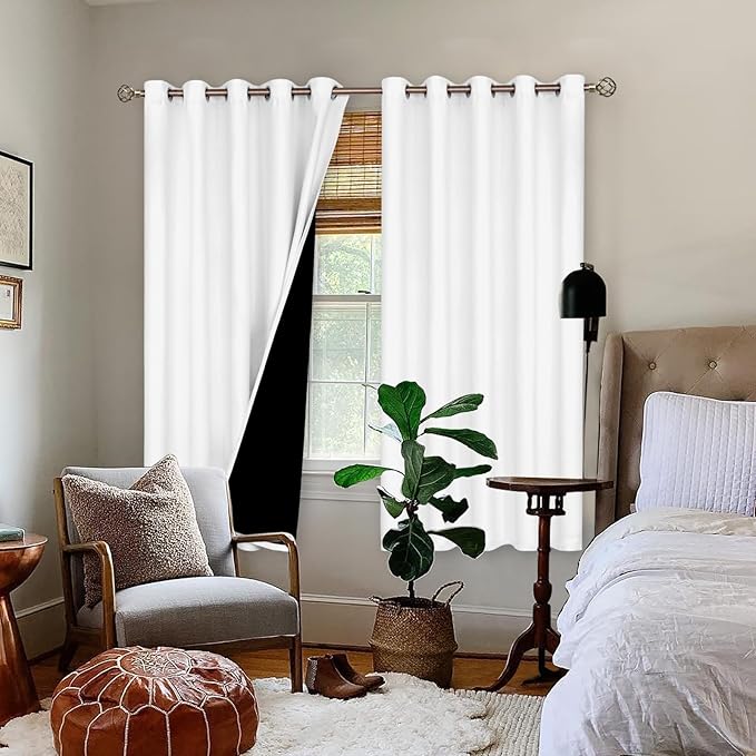 BGment Thermal Insulated 100% Blackout Curtains for Bedroom with Black Liner, Double Layer Full Room Darkening Noise Reducing Grommet Curtain (60 x 63 Inch, White, 2 Panels) - Image 2