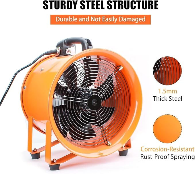 8-Inch High-Velocity Portable Utility Blower Fan, Industrial Exhaust Fan with 33ft Flexible Duct Hose, 3150 RPM Low-Noise Ventilator for Basements, Workshops, Warehouses, and Confined Spaces - Image 4