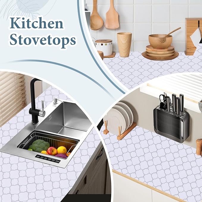 Shelf Liners for Kitchen Cabinets 12in x 20FT Non Adhesive Drawer Liner Silver Quatrefoil Shelf Liner Paper Strong Non-Slip Easy to Clean for Tool Box Refrigerator with Knife and Tape Measure - Image 7