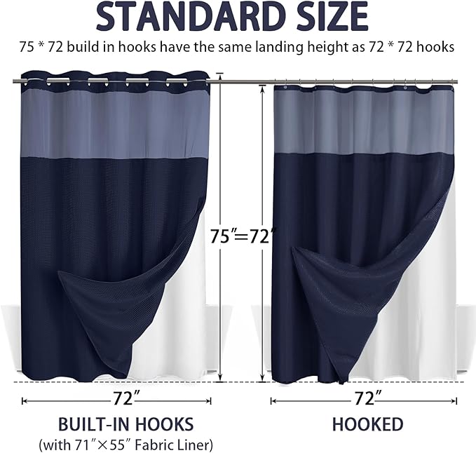 No Hook Shower Curtain and Liner Set,Blue Hotel Waffle Shower Curtain with Liner 75" L x 72" W - Image 6