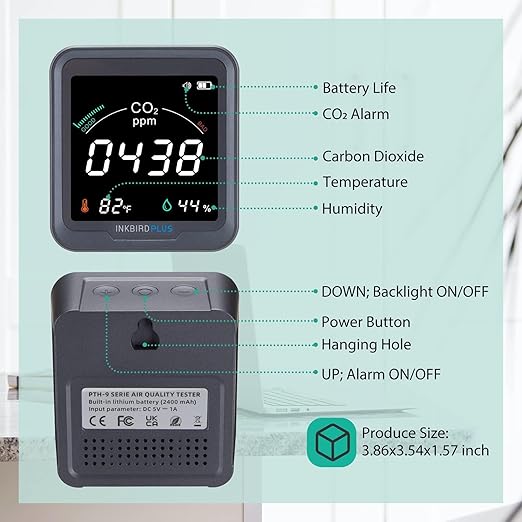 INKBIRDPLUS Ndir CO2 Detector Battery Powered | Digital CO2 Monitor with Alarm | Carbon Dioxide & Temperature & Humidity Air Quality Monitor Indoor | for Home, Office, RV, Grow Tent (PTH-9C) - Image 6