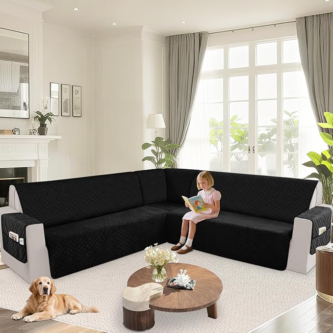 Arfntevss Waterproof Sectional Couch Covers L Shape Washable Velvet Sofa Cover for Sectional Non Slip Large Corner Slipcovers Dog 6 Pcs Universal U Shaped Furniture Protector (Black, XX-Large) - Image 6