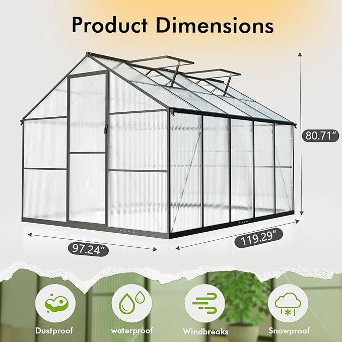 8X10FT Green Houses for Outside with Electronic Thermometers, Walk-in Greenhouse Kit with Drainage Channel Roof Vent for Backyard, Greenhouses for Winter Withstands Strong Wind or Snow - Image 8
