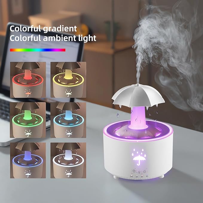 Humidifier for Bedroom, Rotating Umbrella Diffuser with Rain Drop Effect 7-Color LED, 300ML Small Humidifier with Remote & Timer, Funny Rain Humidifiers Gift for Family and Friends (White) - Image 3