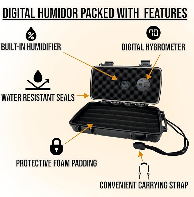StogieStay Travel Humidor for Cigars – Digital Hygrometer, Airtight & Waterproof Case Holds Up to 5 Cigars (60 Ring Gauge) – Portable Cigar Storage, Protective Foam Insert, Premium Gift - Image 3