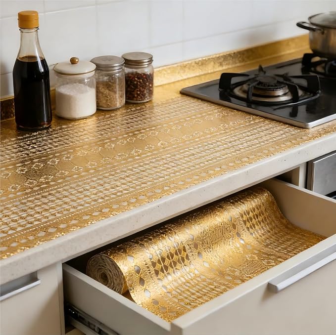 Shelf and Drawer Liner for Kitchen Cabinet,Non-Adhesive Waterproof Oil-Proof Easy Clean Shelf Liner for Dresser & Bathroom Vanities with Adhesive Dots & Cutting Tool(12 in X 30 Ft Gold Lace) - Image 7