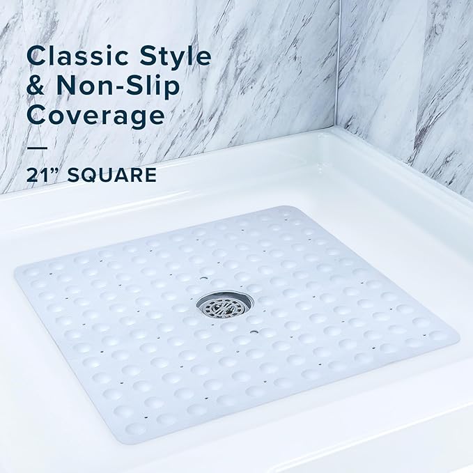 SlipX Solutions Square Natural Rubber Shower Stall Mat, 21” x 21”, Non Slip Safety, Built-in Product Protection, 140 Power Grip Suction Cups, Center Drain Hole, White - Image 2