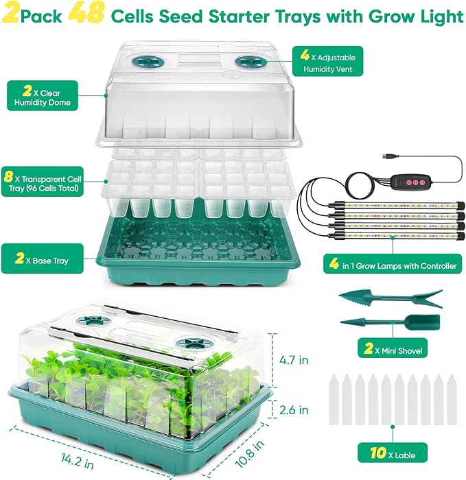 96 Cells Seed Starter Tray with Grow Light, Seed Starter Kit with Adjustable Humidity Dome, Seed Starting Trays Plant Starter Kit for Seeds Growing Starting, Indoor Gardening, Greenhouse - Image 3