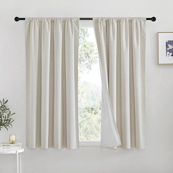 RYB HOME Natural Linen Blended Curtains for Living Room, Blackout Thermal Insulated Window Drapes with White Liner Classy Home Decor for Guest Room Nursery, Natural, W52 x L63 inch, 2 Panels by RYBHOME