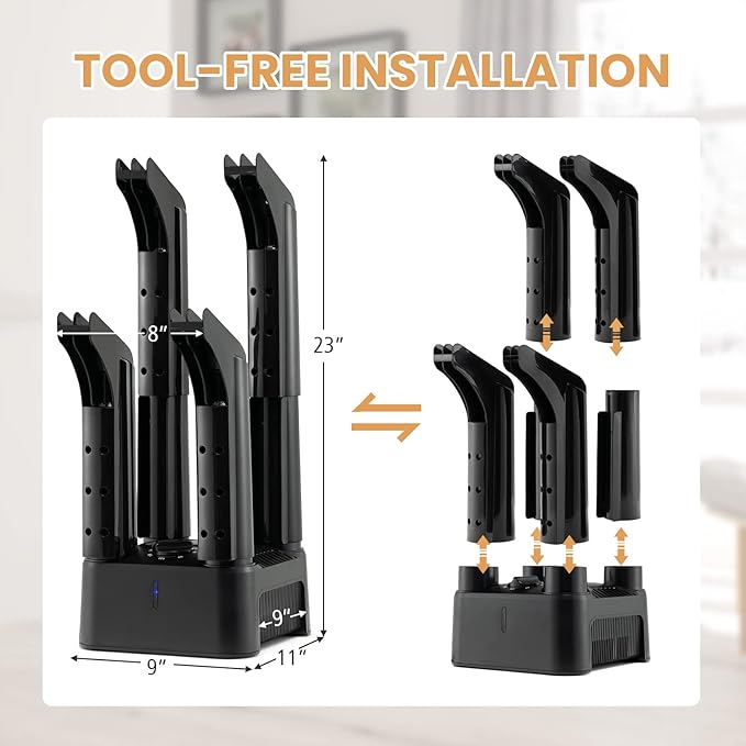 COSTWAY Shoe Dryer, 180 Mins Timer, CETL Standard Noiseless Boot Warmer with Heat Blower for Snow Boot Sneaker Glove Hats, with Detachable Pipes - Image 6