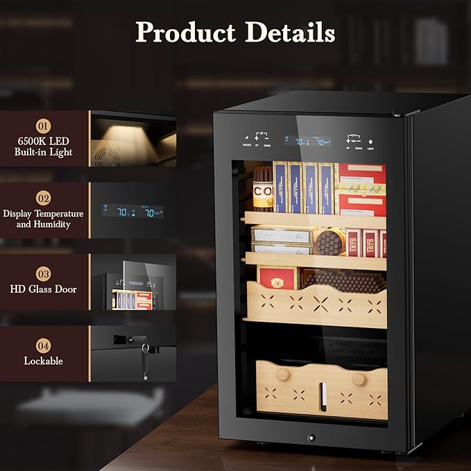 65L Electric Cigar Humidor,500 Counts Cigar Large Capacity,Intelligent Temperature & Humidity Control,Spanish Cedar Wood Drawer,Digital LED Display,Stainless Steel Lockable Humidor Cabinet, Black - Image 5