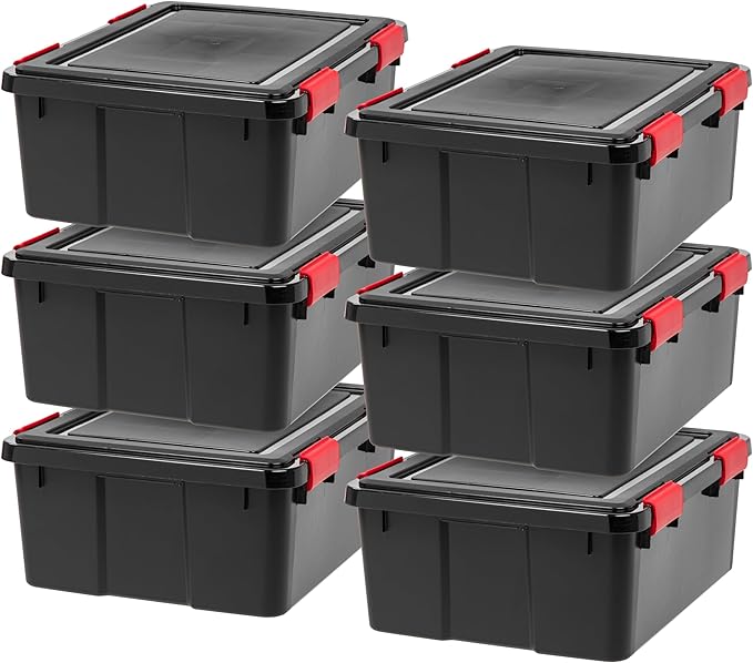 IRIS USA WeatherPro 31 Qt Storage Bins with Lids, 6 Pack, BPA-Free Plastic Gasket Box with Tight Latch and Seal, Stackable Nestable Tote Tub - Black/Red by IRISUSA
