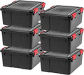 IRIS USA WeatherPro 31 Qt Storage Bins with Lids, 6 Pack, BPA-Free Plastic Gasket Box with Tight Latch and Seal, Stackable Nestable Tote Tub - Black/Red by IRISUSA