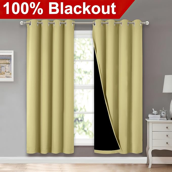 NICETOWN Paler Yellow Full Shade Curtain Panels, Pair of Energy Smart & Noise Blocking Out Blackout Drapes for Dining Room Window, Thermal Insulated Guest Room Lined Window Dressing, 52 x 72 inch - Image 2