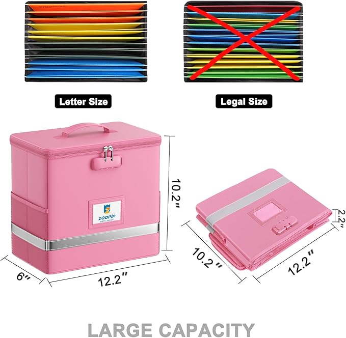 Fireproof File Box with Lock, Document Box Storage Organizer, Suitable for Hanging File Folders in Letter Size, Collapsible File Box, Reflective Strip for Fast Find (12.2"*6"*10.2, Pink) - Image 4