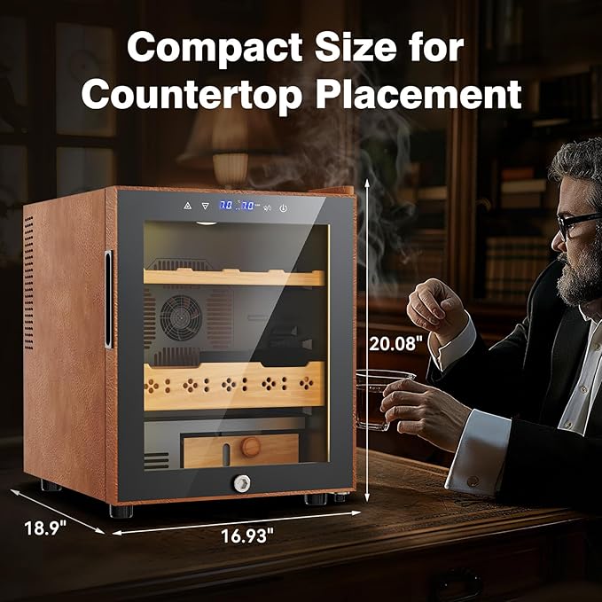 Electric Cooler Cabinet 50L with Temperature and Humidity Control, Leather Finish, Spanish Cedar Wood Shelves and Safety Lock (400 Counts Capacity), Gift for Men - Image 2