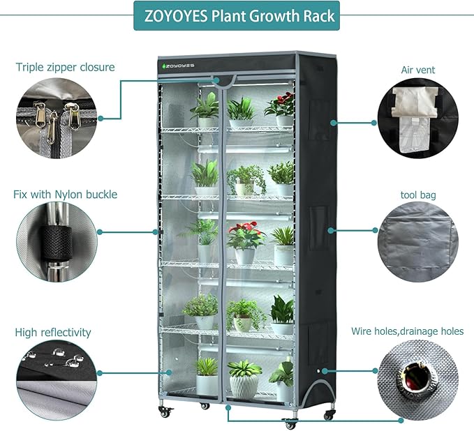 Indoor Greenhouse 6-Tier Plant Rack with Cover, 5 T8 Grow Lights, Thermometer & Timer – Seedlings, Flowering, Herbs & Vegetables, Indoor Gardening, Easy Assembly 30" W x 14" D x 72" H - Image 3