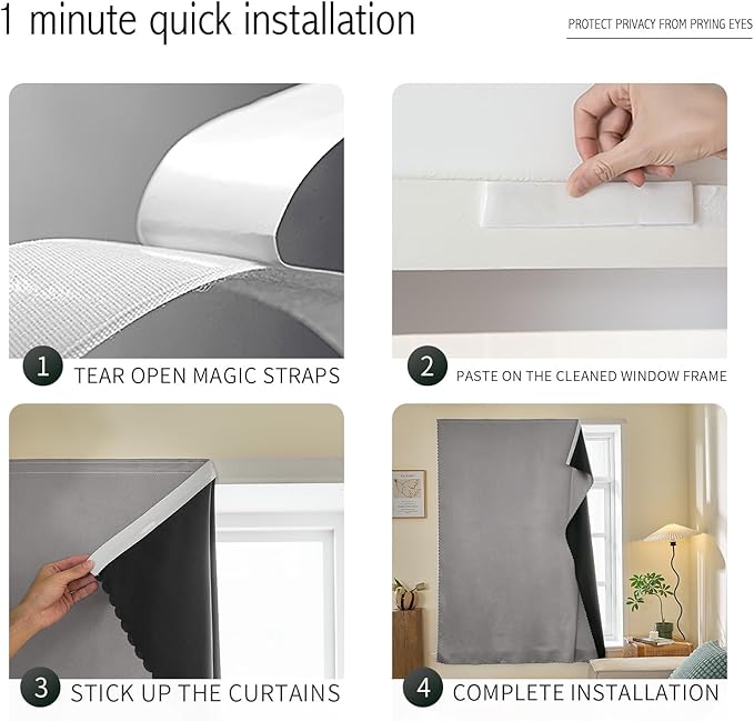 Adhesive Curtain 100% Blackout No-Drill Easy Install for Bedroom Blinds Light Blocking (Dark Grey-35 W x 59" L-1P) - Image 2