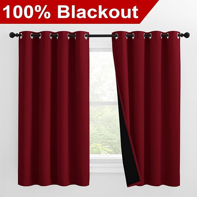 NICETOWN Kitchen Full Blackout Curtain Panels, Super Thick and Soft Insulated Window Covers, 100% Blackout Draperies with Black Backing for Cafe Window (Burgundy Red, Set of 2 PCs, 55 by 57-inch) - Image 2