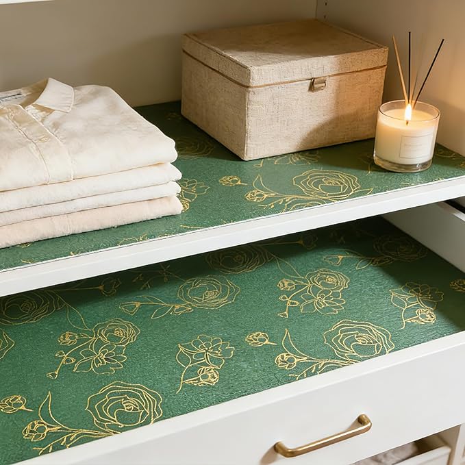 Shelf Liner for Kitchen Cabinets Drawer Liner Non-Adhesive Non-Slip Thickened Shelf Liner Paper Easy to Clean with Green Background Gold Floral Line Pattern for Tool Box Refrigerator.17.3×236.2 inches - Image 3