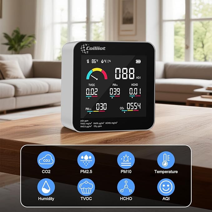 Air Quality Monitor Indoor – CO2 Detector, VOC Meter and AQI Tester Tracks TVOC, HCHO, PM2.5 & PM10 with Temperature & Humidity Sensor for Home Office (White) - Image 2