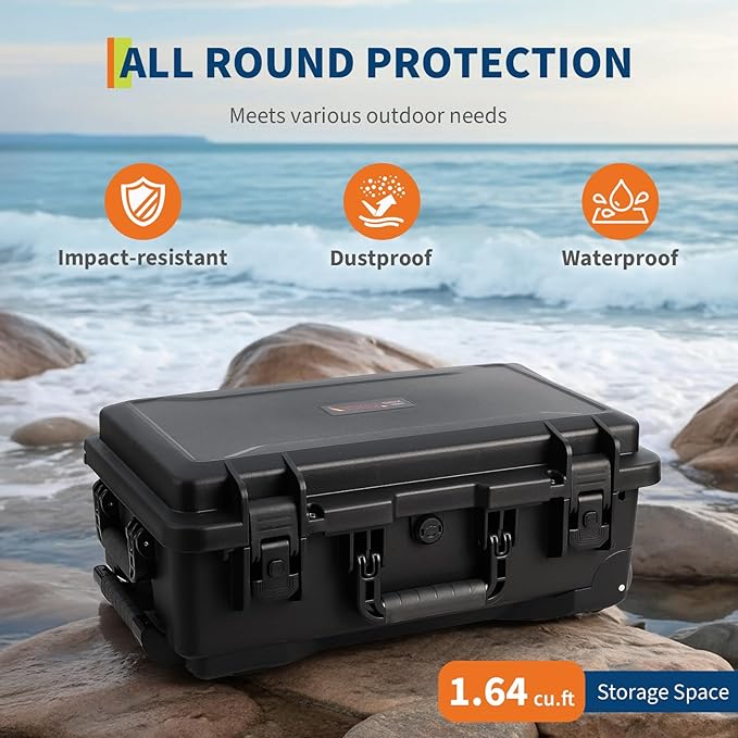 Heavy Duty Waterproof Camera Case for Diving and Outdoor Water Sports – Dustproof, Impact Resistant Dry Box with Padded Dividers, Wheels, 22” x 14” x 9” – Includes Document Bag & Camera Insert - Image 3