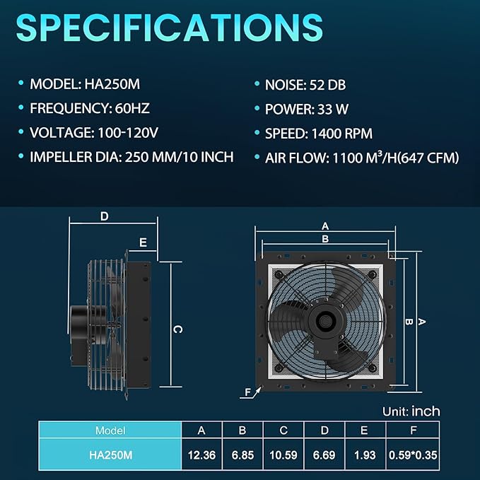 HG Power 10 Inch Shutter Exhaust Fan with Speed Controller, 647CFM High-Speed Vent Fan with, 1400RPM Wall Mounted Attic Fan for Shed, Garage, Greenhouse Ventilation, Black - Image 7