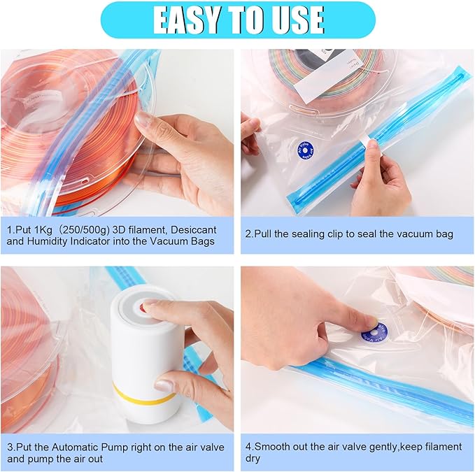 AMOLEN Filament Storage Bags Vacuum Kit, Cleaning Drying Sealed 16 Bags with Two Sizes for 3D Printer Filament with Automatic Pumps/Desiccants/Clips - Image 4