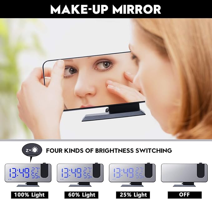 Projection Digital Alarm Clock for Bedrooms,Alarm Clock Radio on Ceiling, USB Charger Port, Temperature & Humidity Display, 7.3” Large Mirror LED Display,12/24H,Snooze,Dual Loud Clock- 4 Dimmer - Image 4