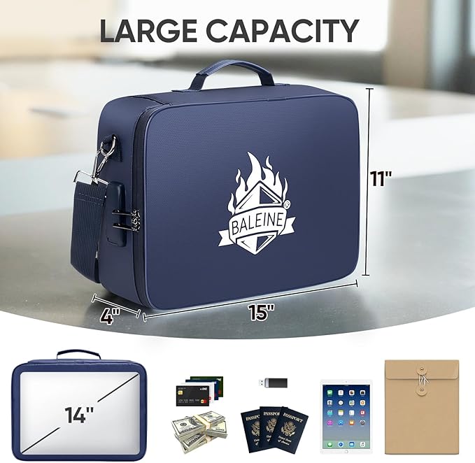 BALEINE Fireproof Document Box with Lock, Portable Fireproof Document Bag Waterproof Fire Proof File Boxes for Documents, File Organizer Box for Important Paperwork (Blue, 15''x11''x4'') - Image 3