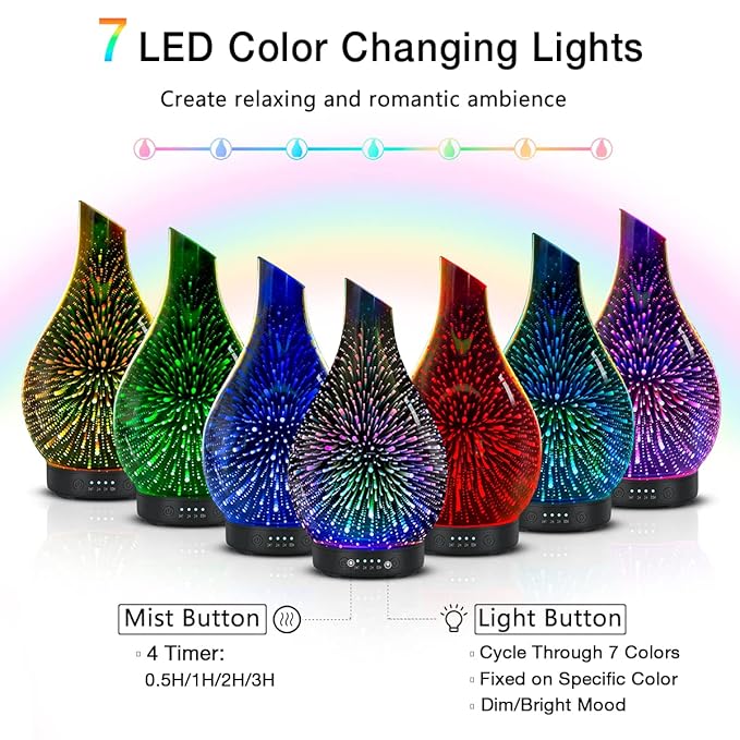 Essential Oil Diffuser 120ml Ultrasonic Aromatherapy Diffuser with Handmade Glass with Auto Shut-Off Protection 4 Timer Setting 7 Colors Changed LED Diffuser for Home Yoga Office Gifts for Women - Image 3