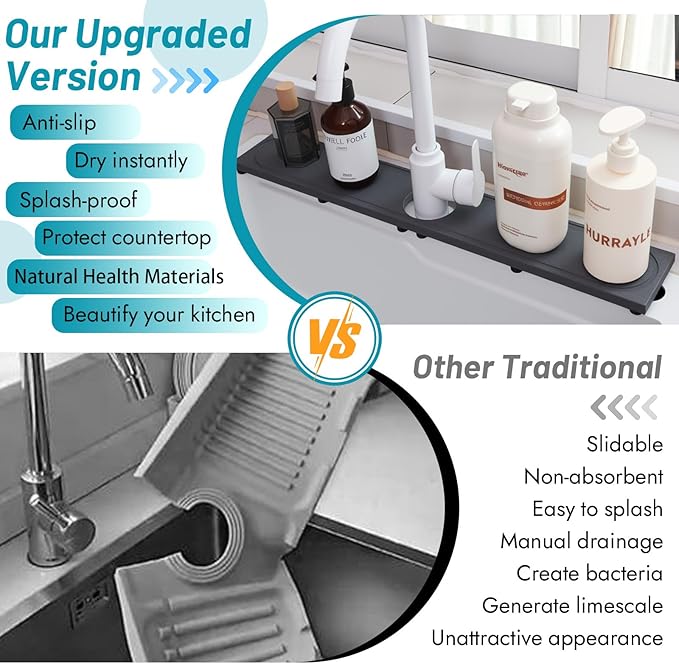 Faucet Mat for Kitchen Sink with Raised Feet, Fast Drying Diatomite Stone Sink Tray, Water Absorbent Faucet & Sink Splash Guard, Prevents Moisture Buildup, Durable Protector for Bathroom Counter - Image 6