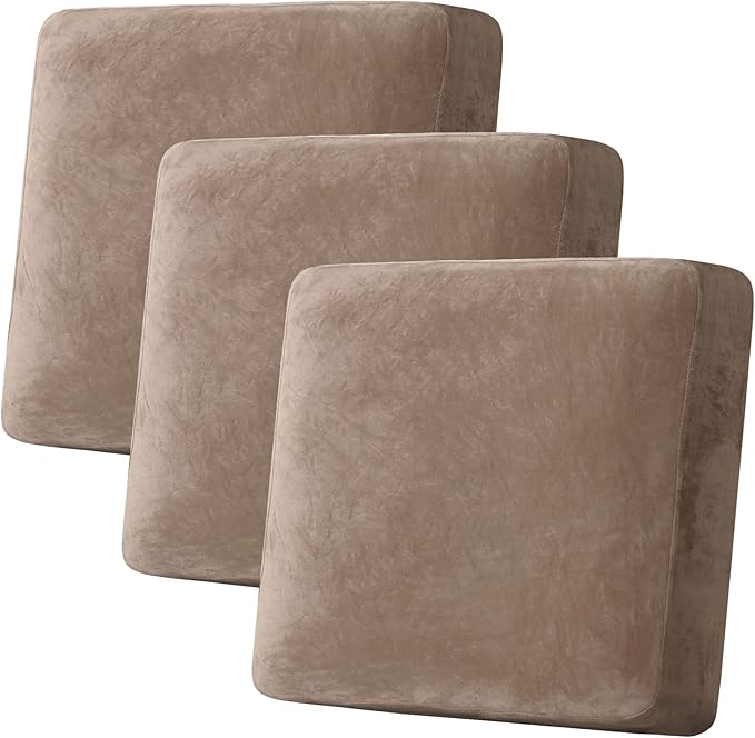 H.VERSAILTEX Velvet Stretch Couch Cushion Cover Plush Cushion Slipcover for Chair Loveseat Sofa Cushion Furniture Protector Seat Cushion Sofa Cover (3 Piece XL Sofa Cushion Covers, Taupe) by HVERSAILTEX
