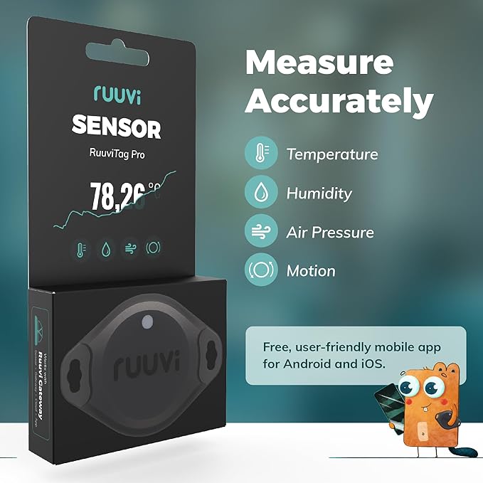 RuuviTag Pro 4in1 Wireless Bluetooth Temperature (°C/°F), Air Humidity, and Air Pressure. Alerts & History. Free Android/iOS apps. Integrates with Victron, Homey, and Home Assistant. Made in Europe. - Image 2