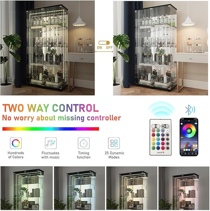 Yoluckea 4 Tiers Glass Display Cabinet with Bluetooth LED Light Strip, 2 Doors Floor Standing Curio Cabinet with Adjustable Feet and Mirror Back Panel, Black Glass Bookshelf for Collections, Wood Top - Image 3