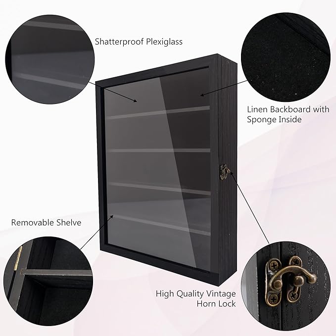 Shadow Box with Shelves, Black 11x14 Deep Memory Shadow Box Display Case for Trinket ,Keepsake Collectibles, Coins Military Medals Pins Wedding Flowers - Image 4