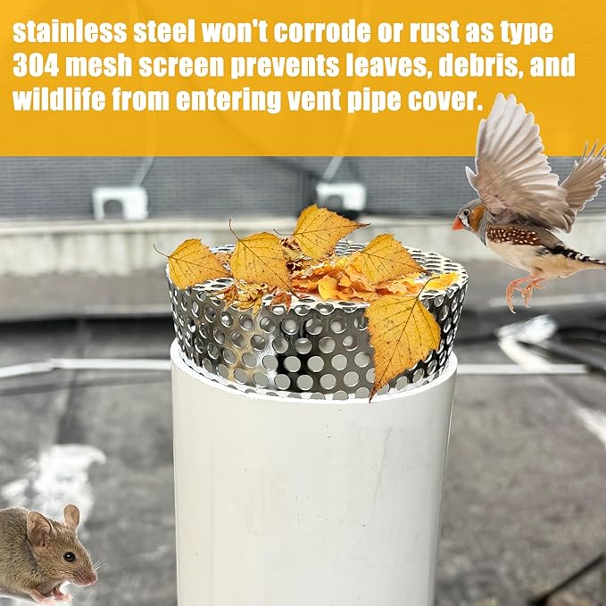 PVC Termination Cap Vent Cover, Stainless Steel Mesh Screen Vent Cover Slot for 4.24" to 4.34" ID Furnace and Roof Vent Pipe, Conical Vent Cap Rust preventing Leaves Debris, Birds Entering - Image 6