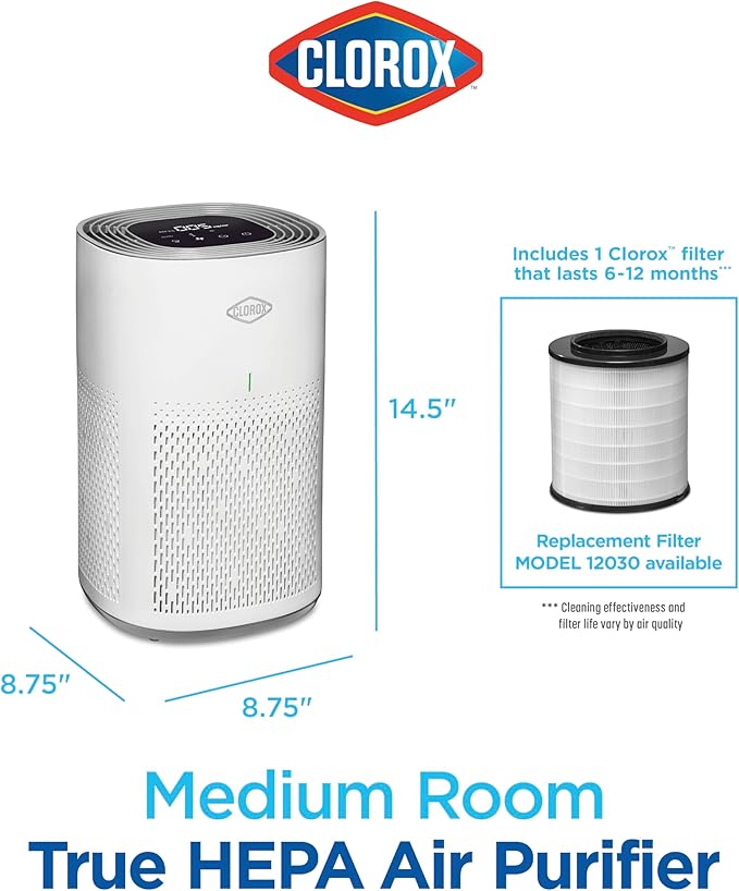 Clorox HEPA Air Purifiers for Home, True HEPA Filter, Medium Rooms Up to 1,000 Sq Ft, Removes 99.9% of Mold, Viruses, Wildfire Smoke, Allergens, Pet Allergies, Dust, AUTO Mode, Whisper Quiet - Image 9