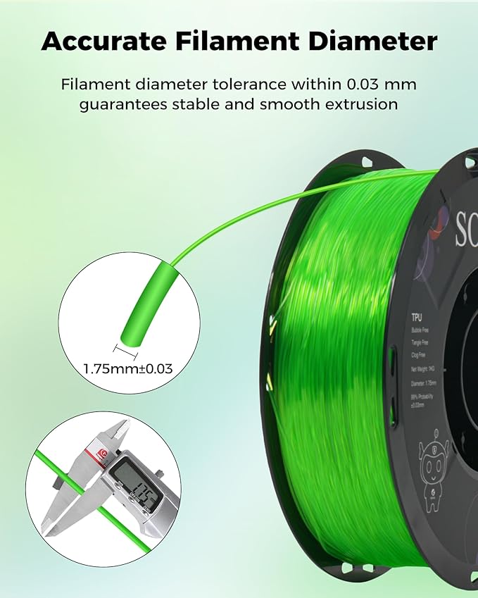 Sovol TPU Filament 1.75mm, 95A Soft TPU Flexible 3D Printer Filament with High Elasticity, 1kg (2.2lbs), Dimensional Accuracy +/- 0.03 mm, Fit Most FDM Printer, Clear Green - Image 5