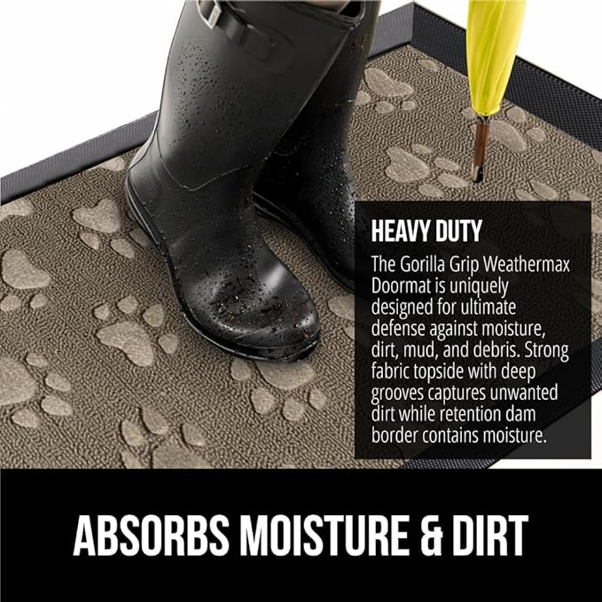 GORILLA GRIP 100% Waterproof All-Season WeatherMax Doormat 35x23, US Designed Natural Rubber, Stain and Fade Resistant, Low Profile Indoor Outdoor Door Mats, Easy Clean Patio Mat, Tan Pawprints - Image 4
