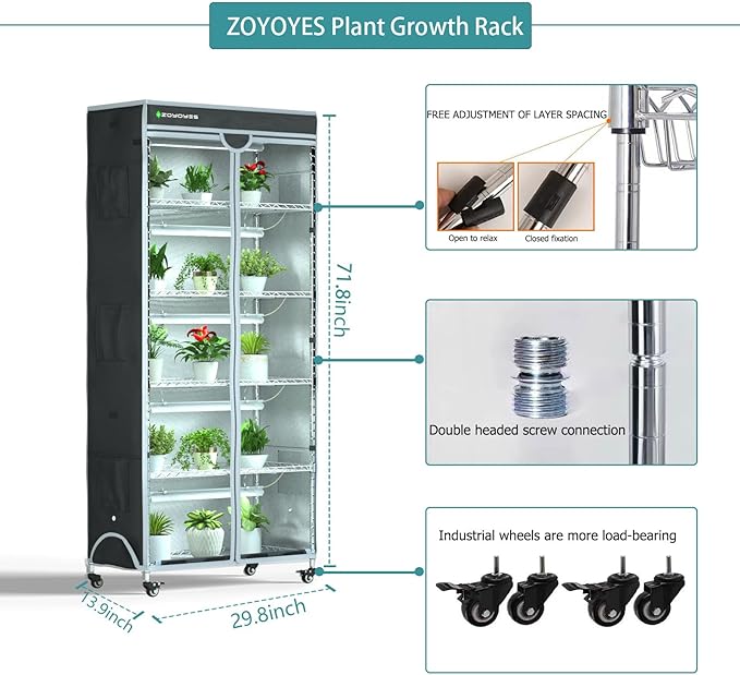 Indoor Greenhouse 6-Tier Plant Rack with Cover, 5 T8 Grow Lights, Thermometer & Timer – Seedlings, Flowering, Herbs & Vegetables, Indoor Gardening, Easy Assembly 30" W x 14" D x 72" H - Image 4
