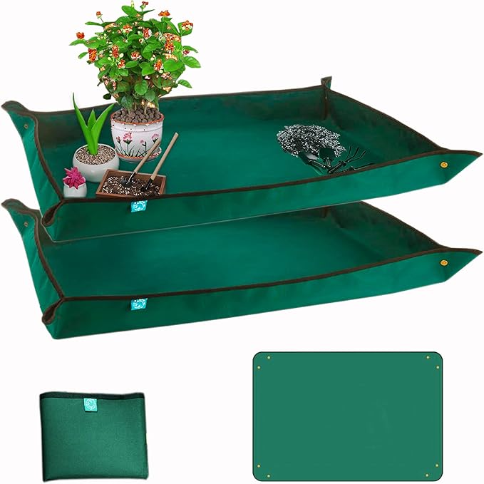 BIUWING Planter Tray, 2PCS Thickened Oxford Fabric Portable Indoor Plant Repotting Mat, Extra Large 43''*29'', Waterproof, Foldable, Blackish Green by BIUWING