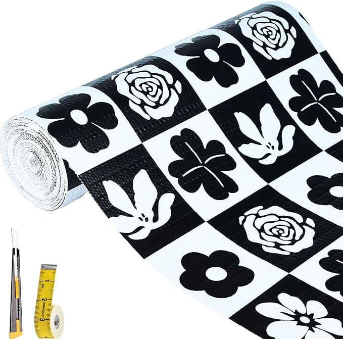 Shelf Liners Non Adhesive Black & White Checkerboard Floral - Thickened Non-Slip Easy to Clean Drawer Liner for Kitchen Cabinets, Tool Box, Refrigerator, with Knife & Tape Measure,12in x 236.2in by Oneoftheworld