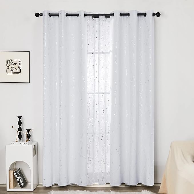 Deconovo Bedroom Curtains, Room Darkening Drapes, Thermal Insulated Soundproof Panel, Silver Wave Dot Print, 38 x 84 Inch, Machine Washable Window Panels for Living Room Home, Set of 2, Greyish White - Image 2