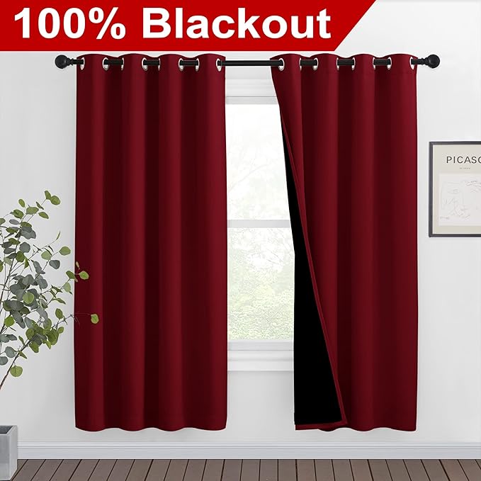 NICETOWN Living Room Completely Shaded Draperies, Privacy Protection & Noise Reducing Ring Top Drapes, Black Lined Insulated Window Treatment Curtain Panels(Burgundy Red, 2 Pieces, W46 x L72) - Image 2