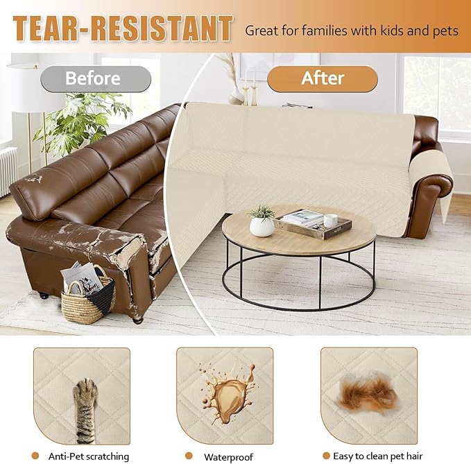 Arfntevss Waterproof Sectional Couch Covers L Shape Washable Velvet Sofa Cover for Sectional Non Slip Large Corner Slipcovers Dog 6 Pcs Universal U Shaped Furniture Protector (Beige, XX-Large) - Image 7